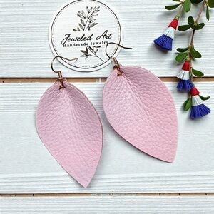 Jeweled Art Hand-Crafted Blush Pink Leaf Genuine Leather Earrings